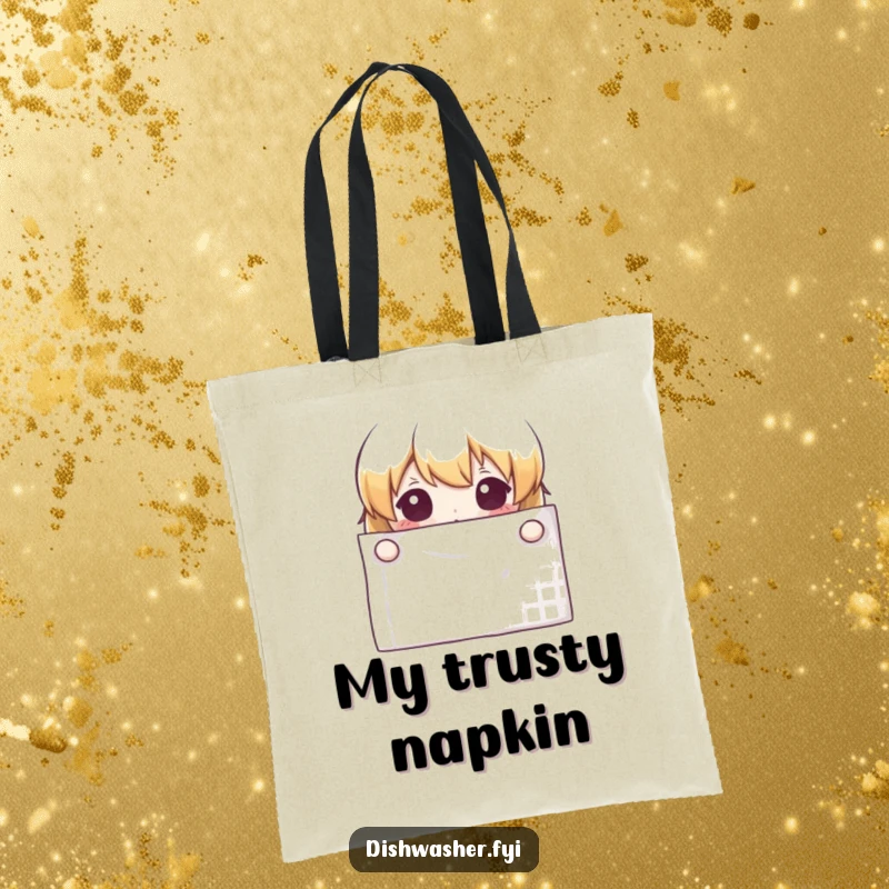 Funny curious character peeking from behind a clean napkin into a durable tote bag, adding a touch of mystery.