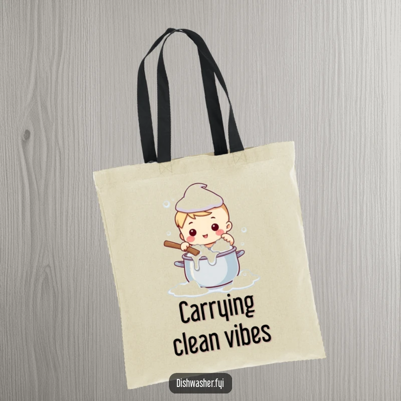 Funny tote bag with a cute character enthusiastically scrubbing a large pot with soapy bubbles, a humorous and useful accessory.