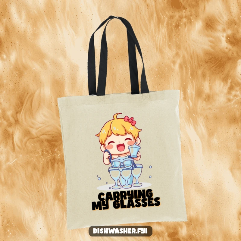 Funny tote bag with a delighted character enthusiastically rinsing a stack of glasses, a humorous and useful accessory.