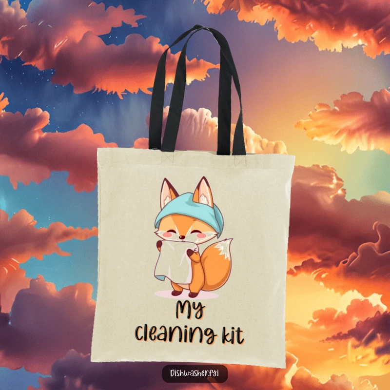 Funny tote bag with a fox character unfurling a spotless kitchen towel, perfect for carrying essentials with a touch of sophisticated humor.