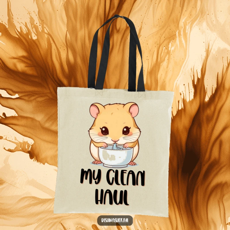 Funny tote bag with a hamster intensely focused on drying a small bowl, showcasing a passion for tidiness and a humorous personality.