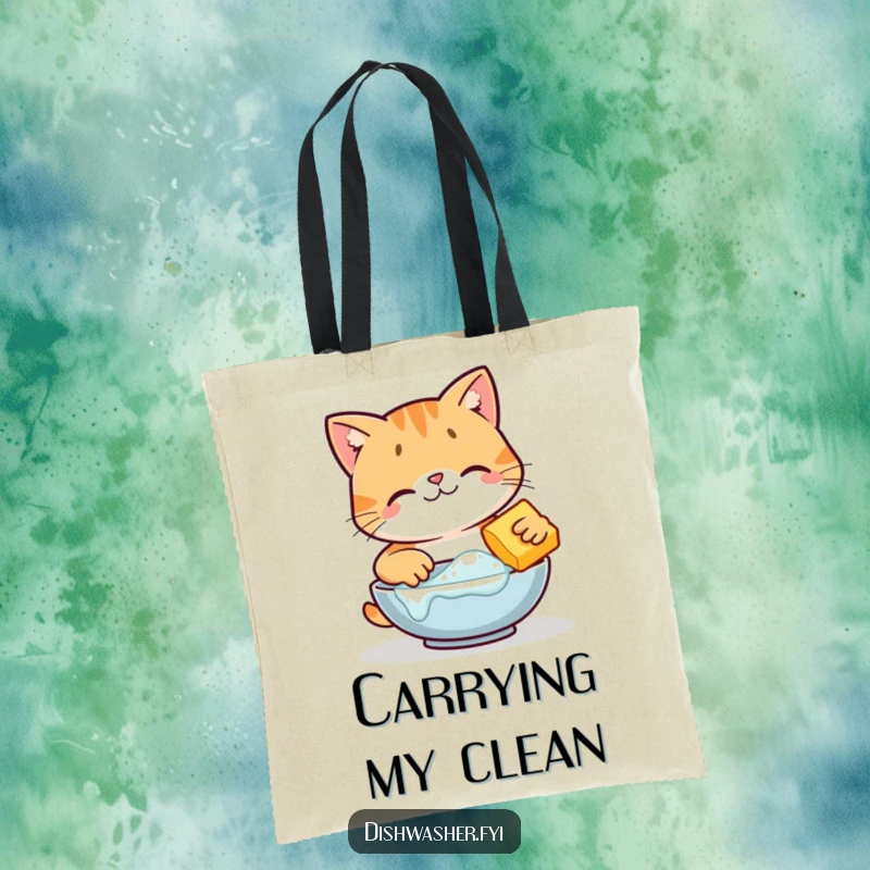 Funny happy cat character scrubbing dishes with bubbly sponge on a durable tote bag, showcasing a clean vibe, perfect funny gift.
