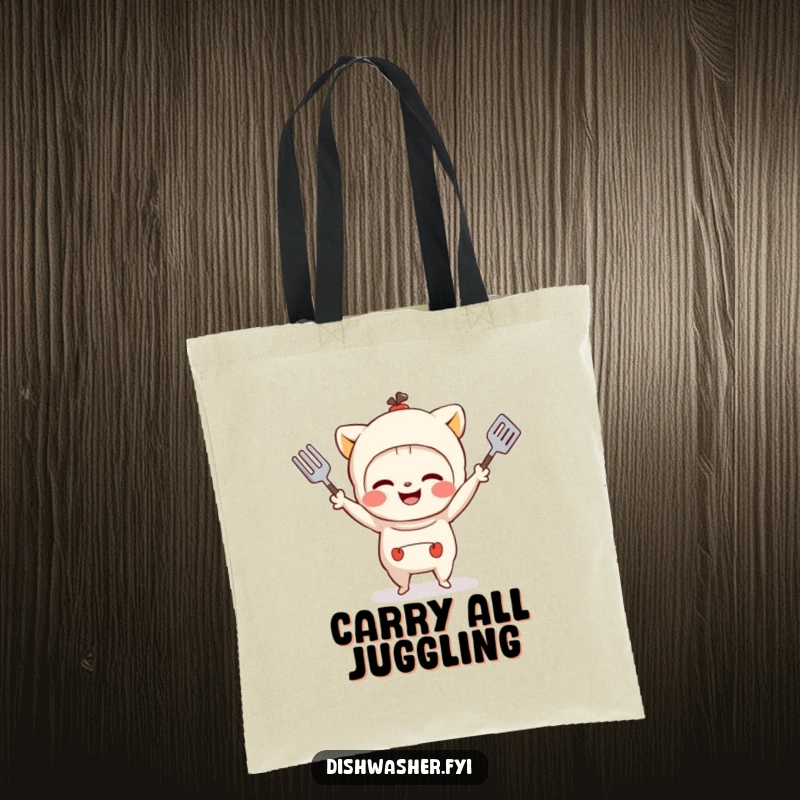 Funny tote bag with a grinning character mischievously juggling small kitchen utensils, perfect for grocery runs or daily errands.