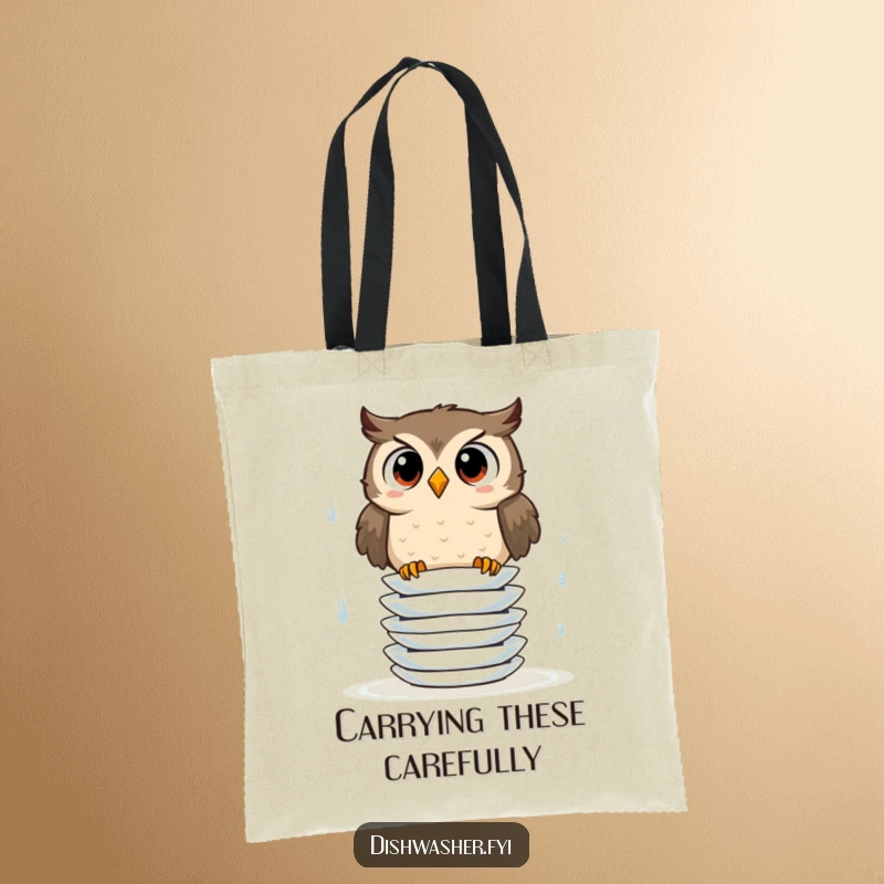 Funny tote bag showcasing a surprised owl attempting to stack wet, slippery plates, a humorous representation of a delicate task.