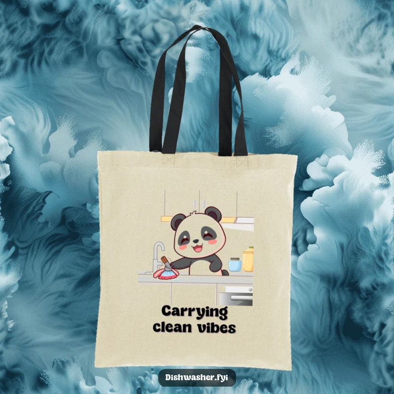 Funny Panda Tote Bag: Features a joyful panda character happily wiping a kitchen counter, perfect for carrying groceries with a smile.
