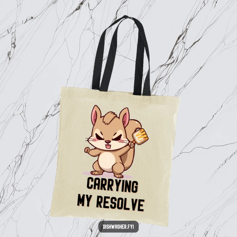 Funny squirrel tote bag with a determined squirrel character vigorously scrubbing a stubborn spot, ideal for carrying items with tenacity and humor.
