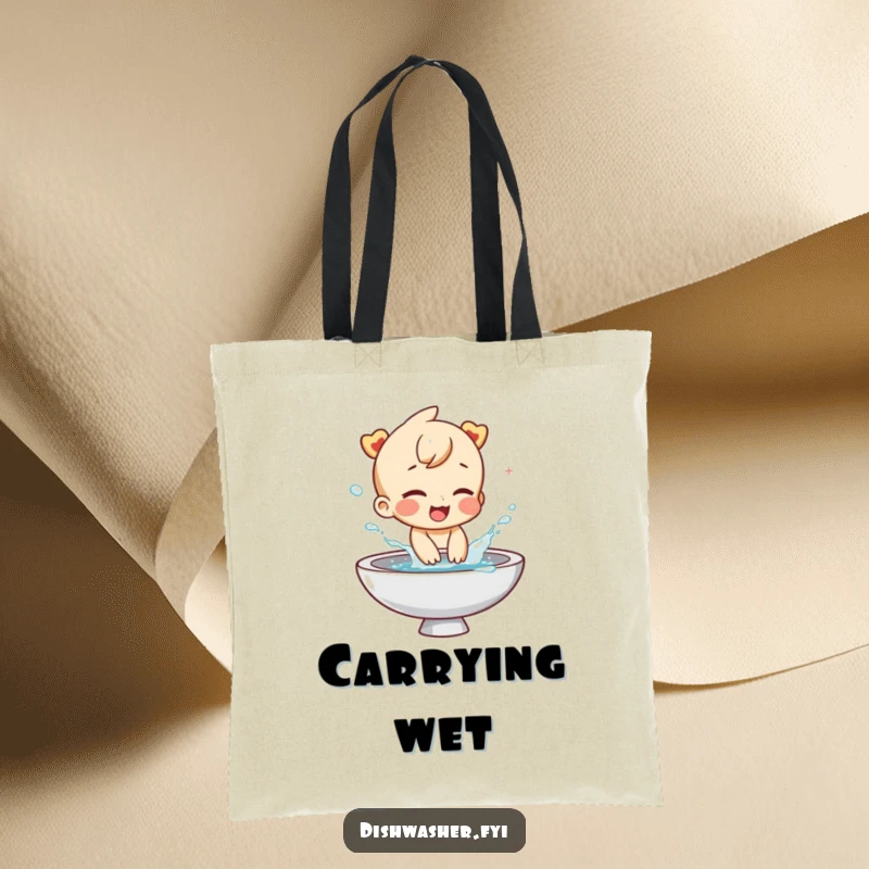 Funny tote bag showcasing a giggling character playfully splashing water from a sink. Ideal for carrying groceries or daily essentials with a humorous touch.