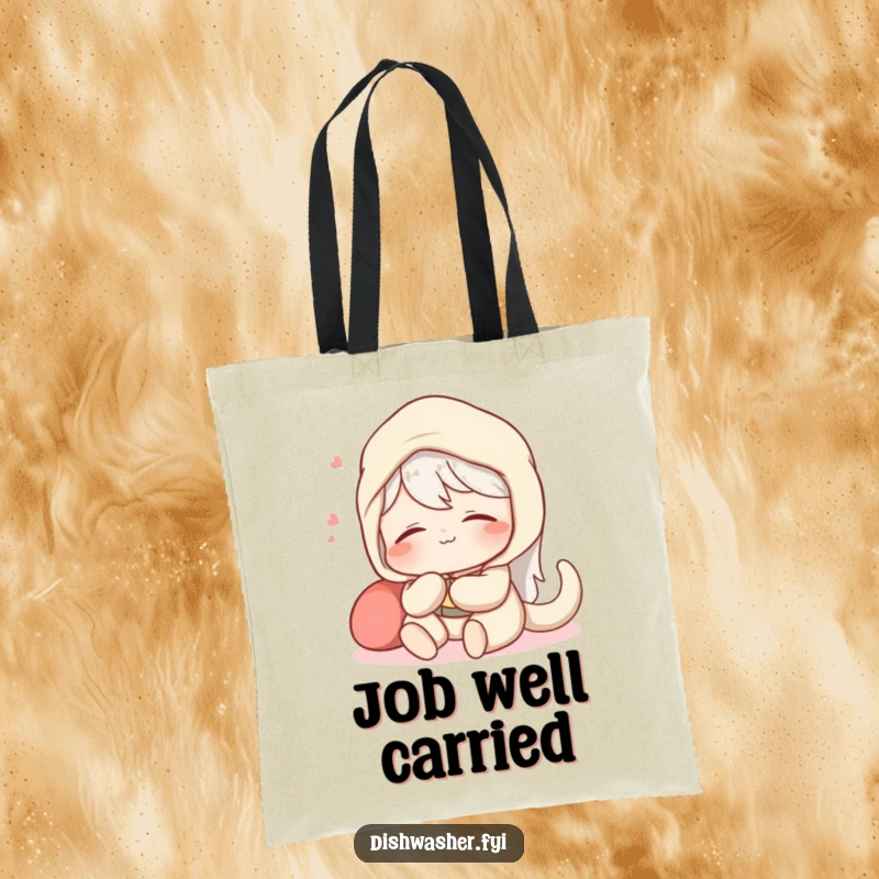 Funny tote bag depicting a content character relaxing with a satisfied sigh after a perfectly spotless job, ideal for carrying.