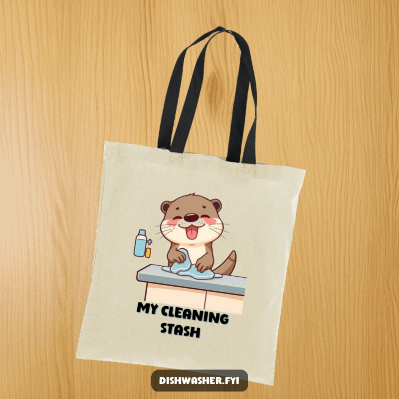 Funny tote bag with an otter character energetically wiping a counter, perfect for carrying essentials with a dose of cleaning enthusiasm.