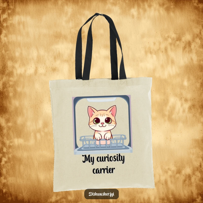Funny cat tote bag showing a curious cat peeking into the dishwasher with wide eyes, perfect for carrying items with a hint of feline mystery.